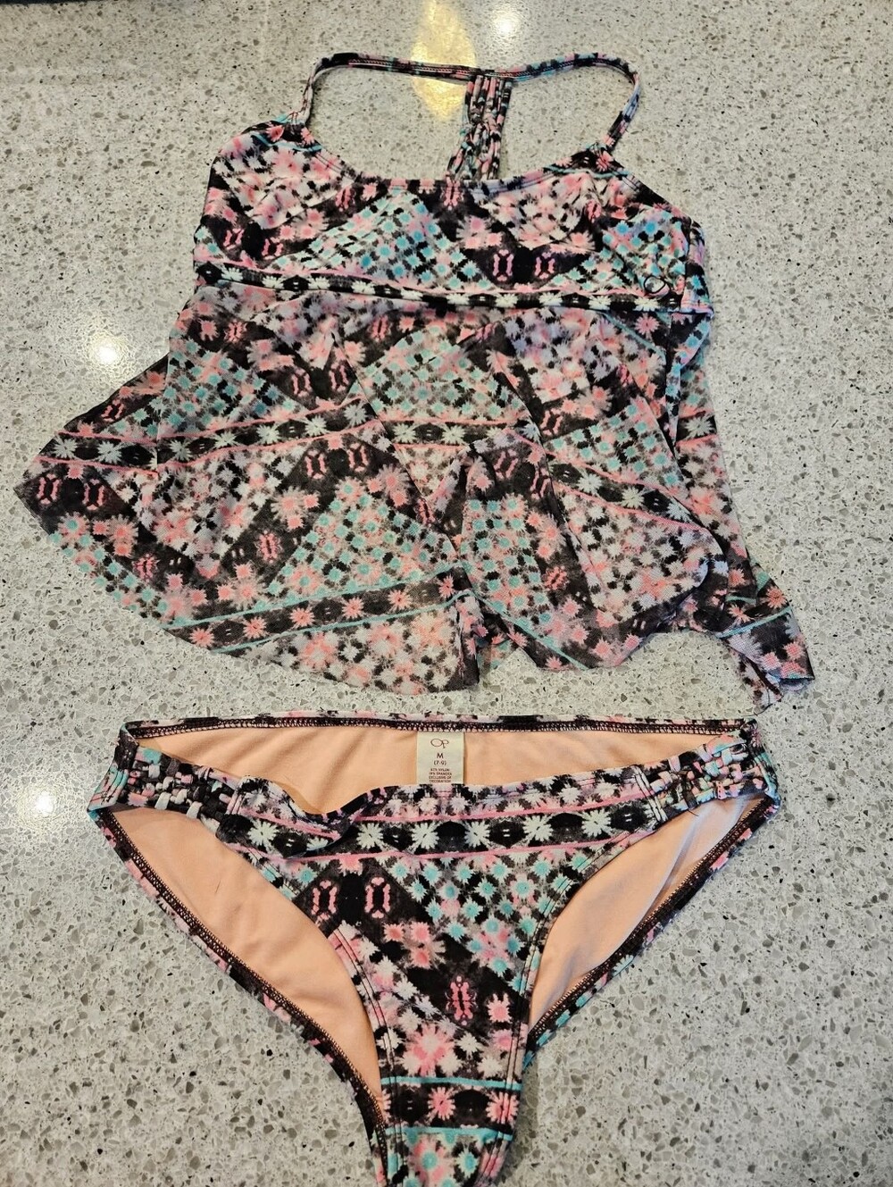 OP Ocean Pacific Sheer Tankini Swimsuit Set Medium Floral Geometric